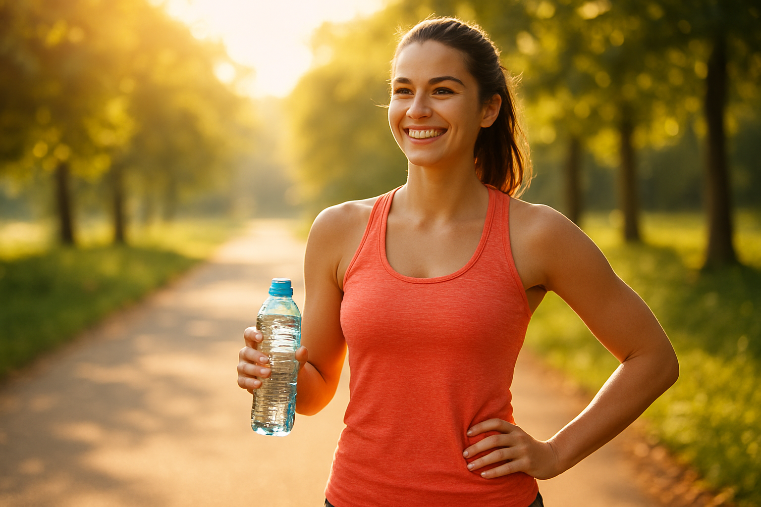 A fit, smiling woman holding a water bottle and looking energetic.