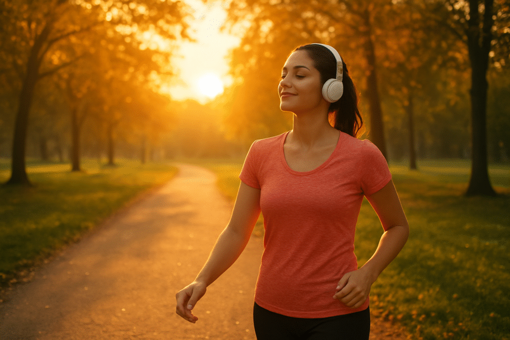 Person walking in a park at sunrise with headphones on, peaceful vibes