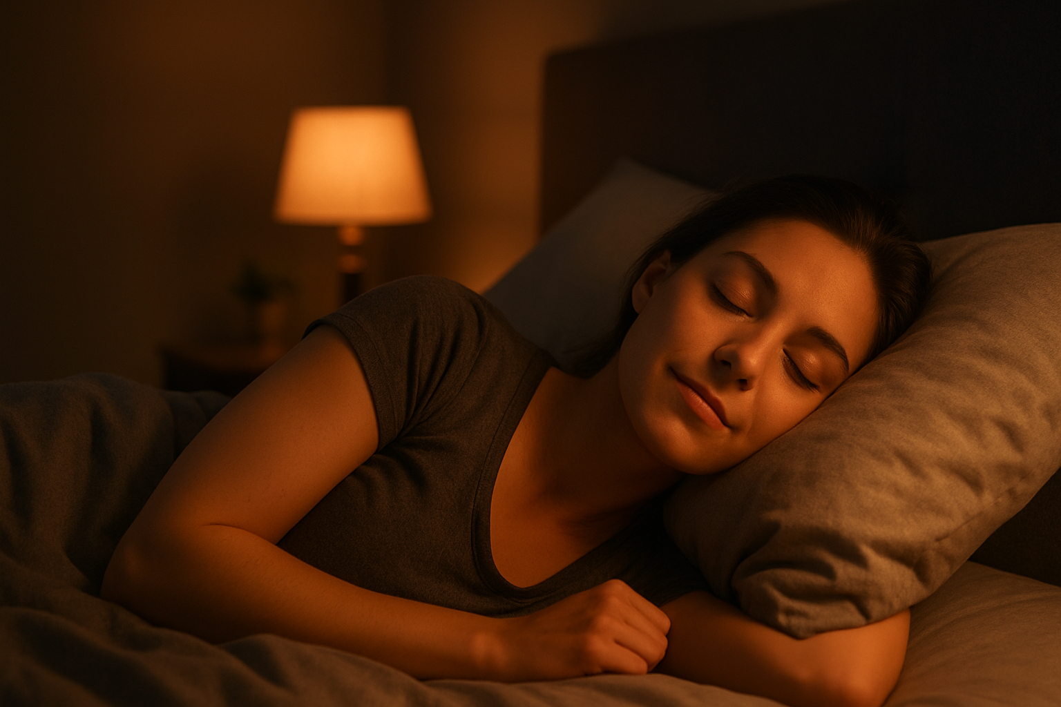 Person peacefully sleeping in a dark cozy bedroom with soft lighting