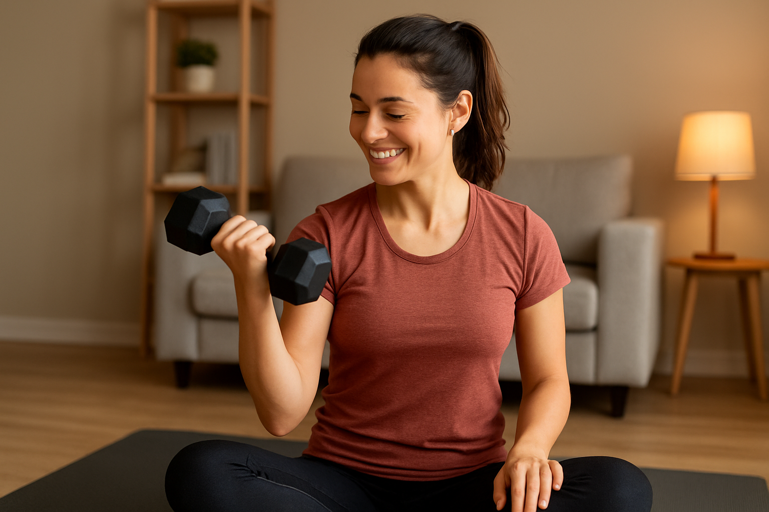 Man or woman doing dumbbell workout at home with a smile