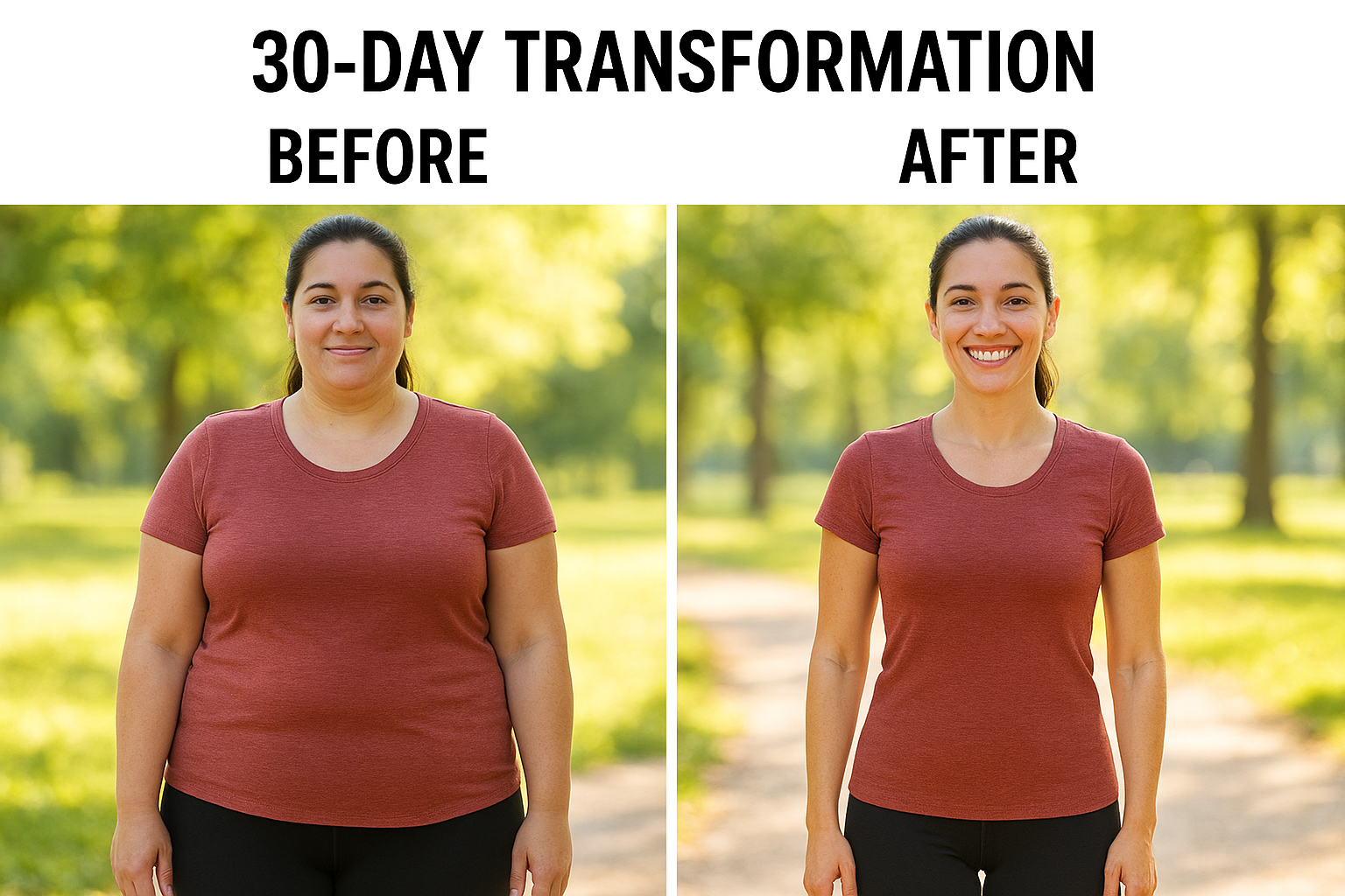 same person looking happier and slimmer after 30 days, bright natural setting